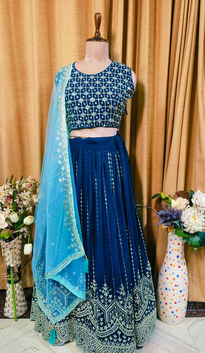Navy Blue Mirror Work Crop Top Lehenga Set with Sky Blue Dupatta