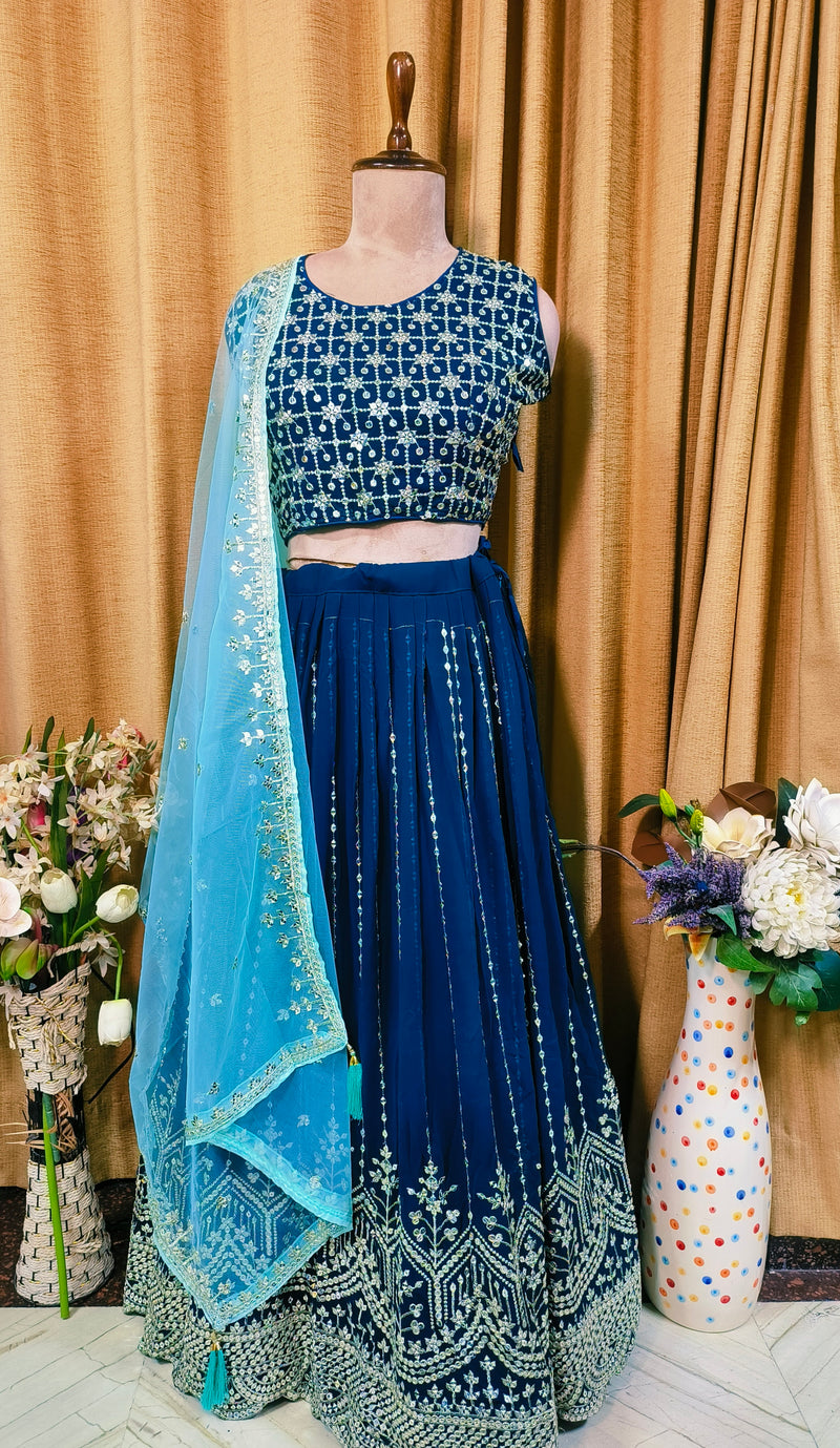 Navy Blue Mirror Work Crop Top Lehenga Set with Sky Blue Dupatta