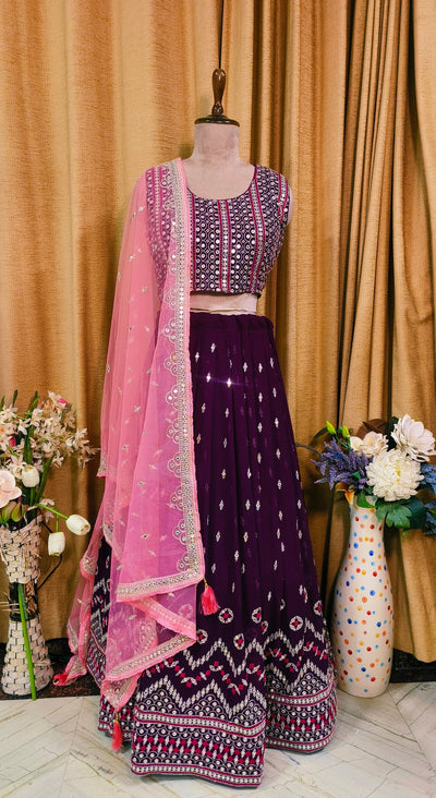 Wine Purple Mirror Work Crop Top Lehenga Set with Pink Dupatta