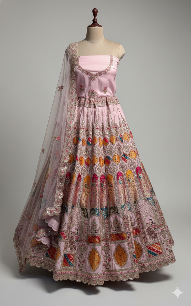 Designer Pastel Pink Lehenga Choli with Traditional Art Embroidery