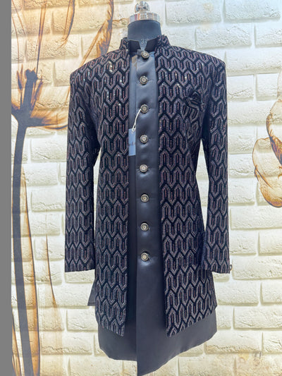 Regal Black & Silver Sequined Sherwani / Indo-Western Jodhpuri Suit for Men