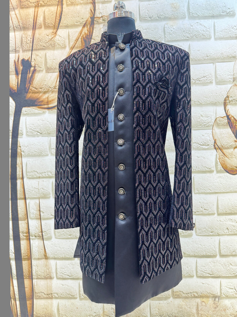 Regal Black & Silver Sequined Sherwani / Indo-Western Jodhpuri Suit for Men