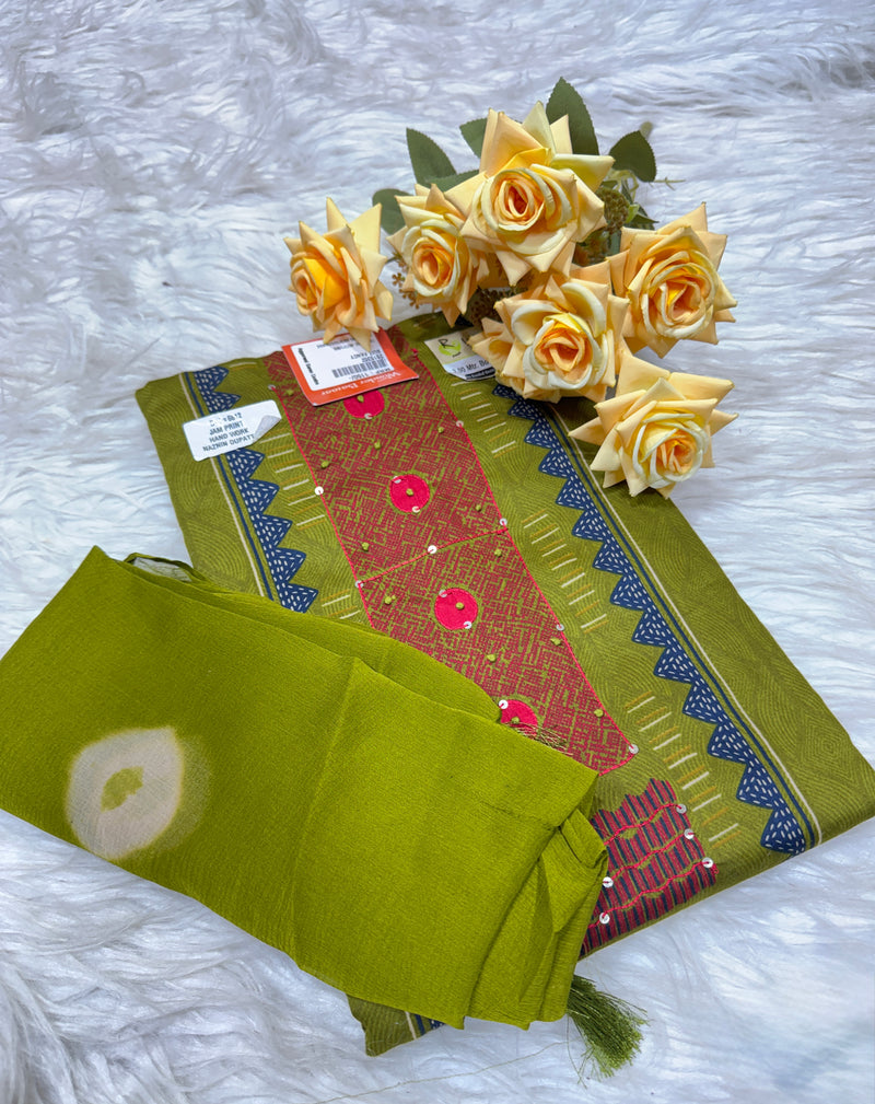 Chic Olive Green Unstitched Salwar Suit with Jam Print & Sequin Work