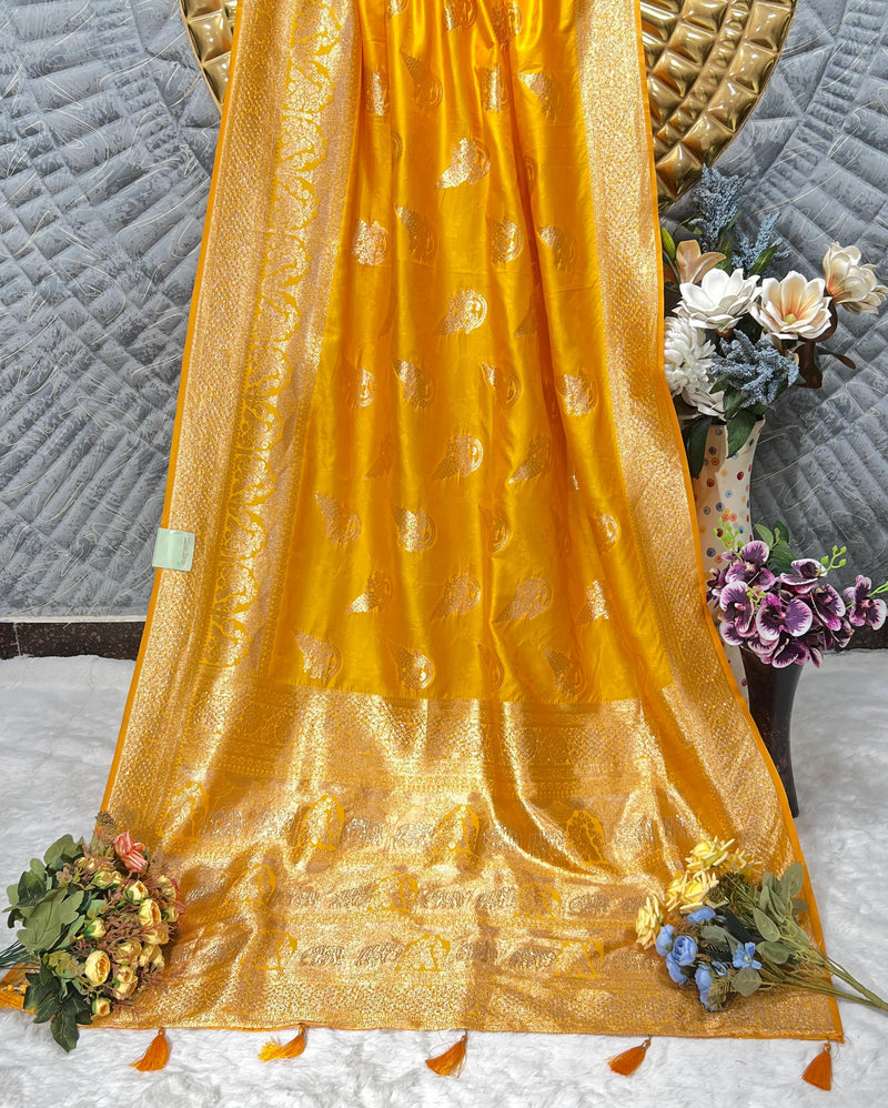 Vibrant Yellow Banarasi Style Silk Saree with Gold Zari Weave