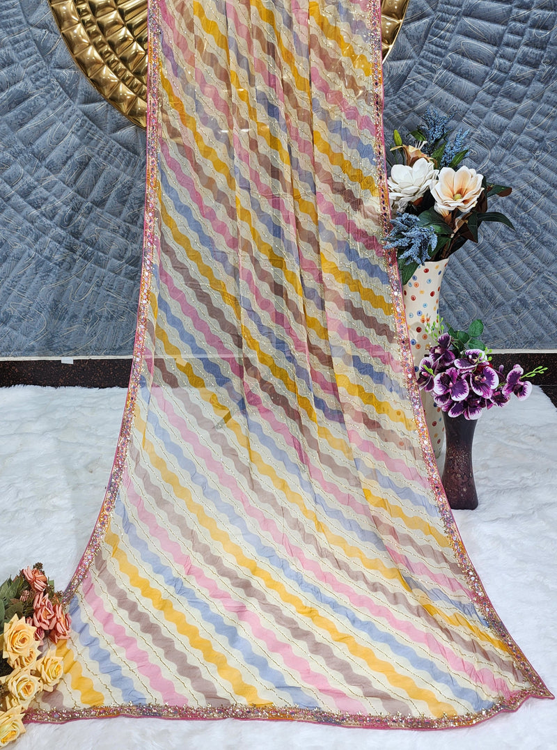 Vibrant Pastel Multi-Color Wavy Stripe Saree with Sequin Border
