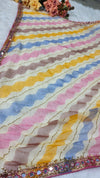 Vibrant Pastel Multi-Color Wavy Stripe Saree with Sequin Border