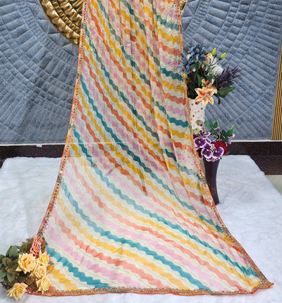 Vibrant Rainbow Wavy Stripe Georgette Saree with Sequin Border