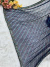 Sparkling Deep Blue Chiffon Saree with Leheriya Stripes & Embellished Border