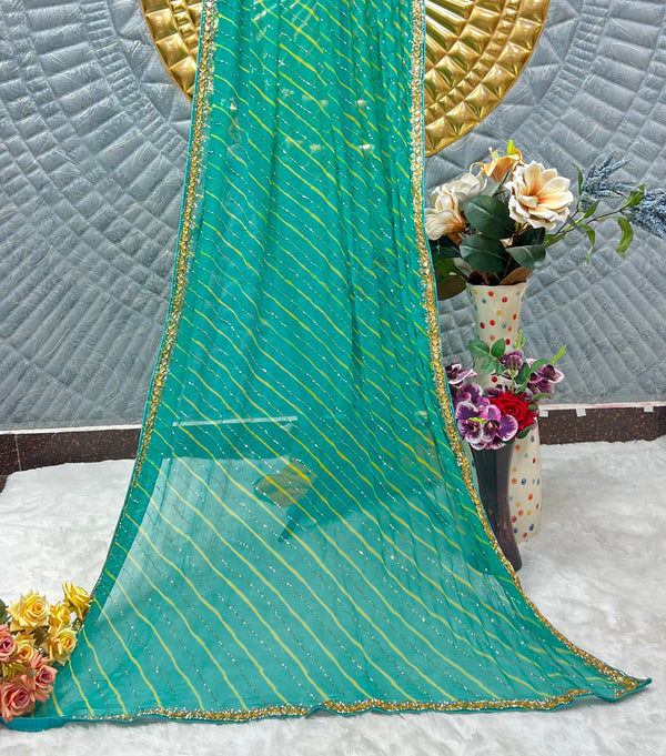 Chiffon Elegant Green Leheriya Saree with Golden Border