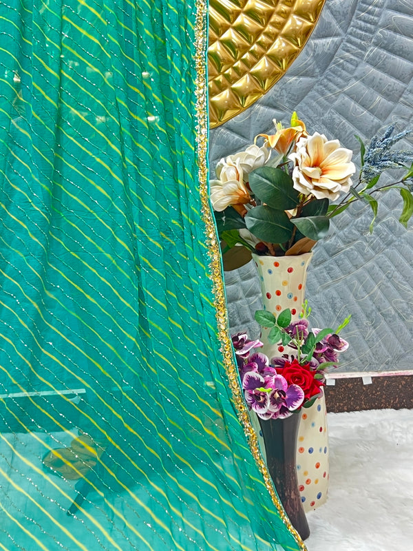 Chiffon Elegant Green Leheriya Saree with Golden Border