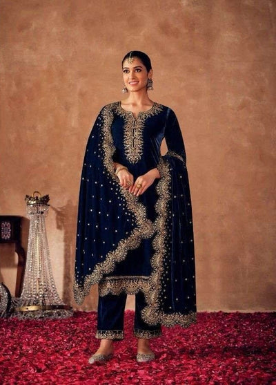 Regal Navy Blue Velvet Embroidered Salwar Suit with Zari Work