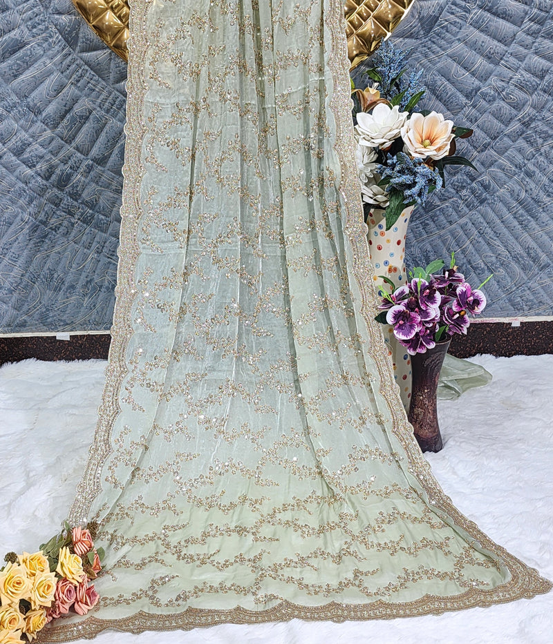 Elegant Pista Green Tissue Saree | Hand Embellished Cutwork & Sequin