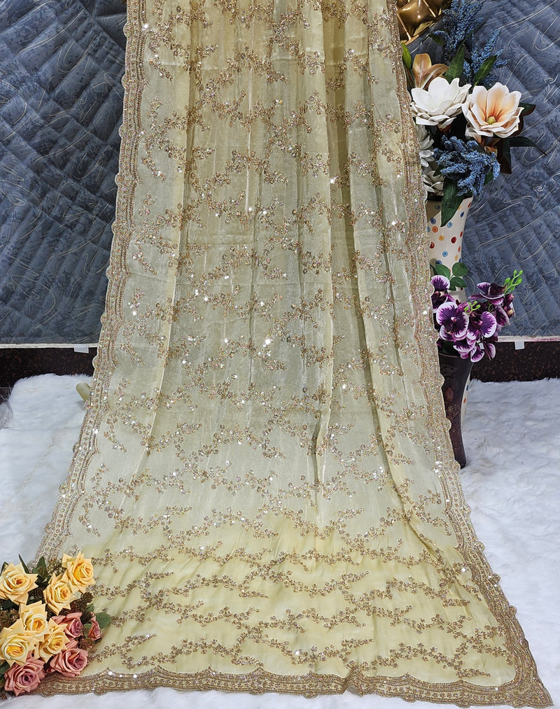 Shimmering Lemon Tissue Saree with Hand & Cut Work Sequin Embroidery
