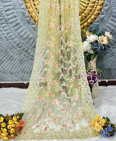 Exquisite Lemon Net Saree with Multicolor Floral Jal Embroidery