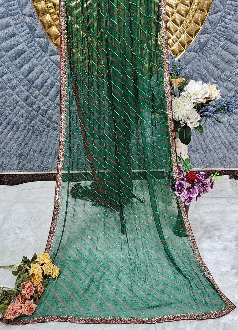 Vibrant Green Chiffon Saree with Diagonal Stripes & Mirror Work Border