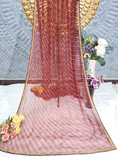 Elegant Wine Chiffon Saree with Golden Stripe & Embellished Border