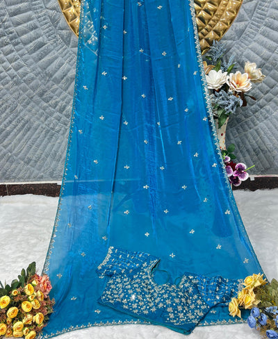 Firozi Organza Saree with Sequin Work & Heavy Embroidered Blouse