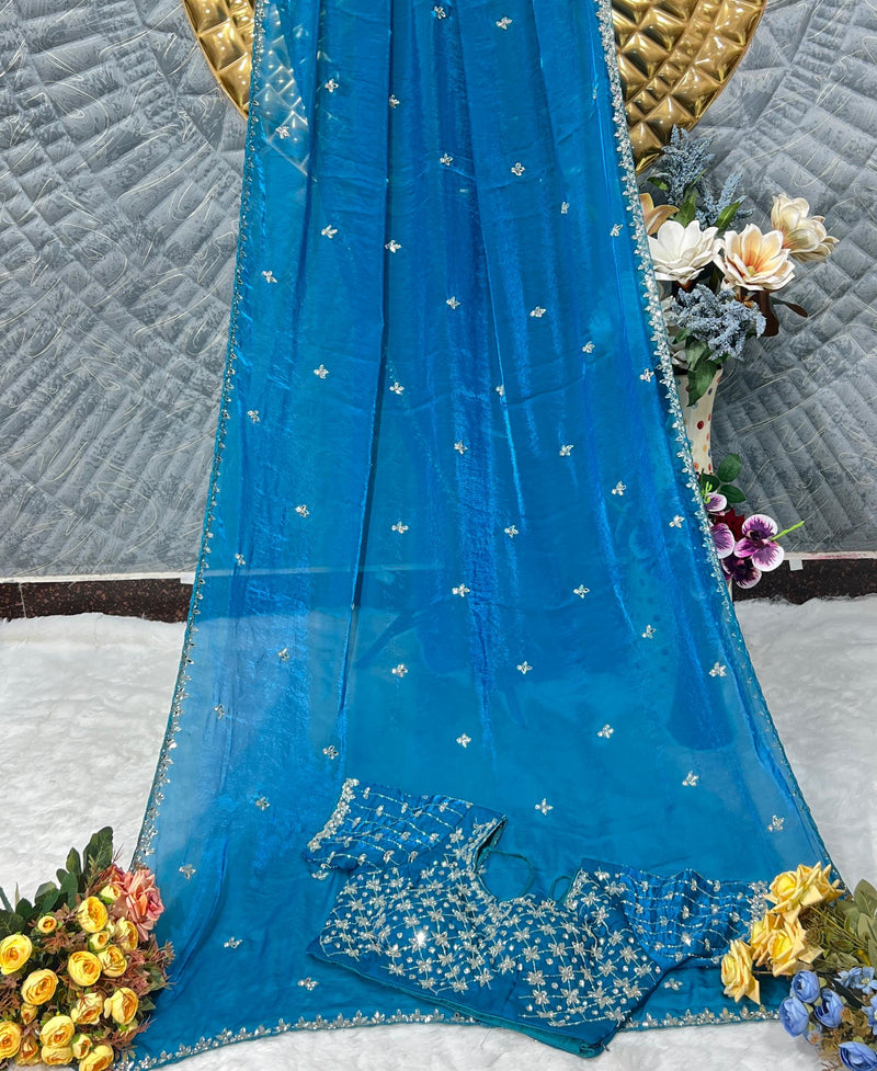 Firozi Organza Saree with Sequin Work & Heavy Embroidered Blouse