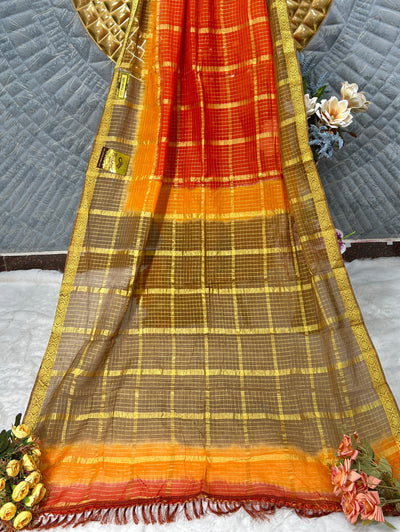 Radiant Ombre Orange & Gold Kota Cotton Saree with Zari Checks