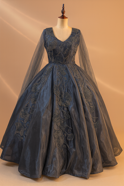 Elegant Charcoal Grey Beaded Gown | Designer Party Wear Dress