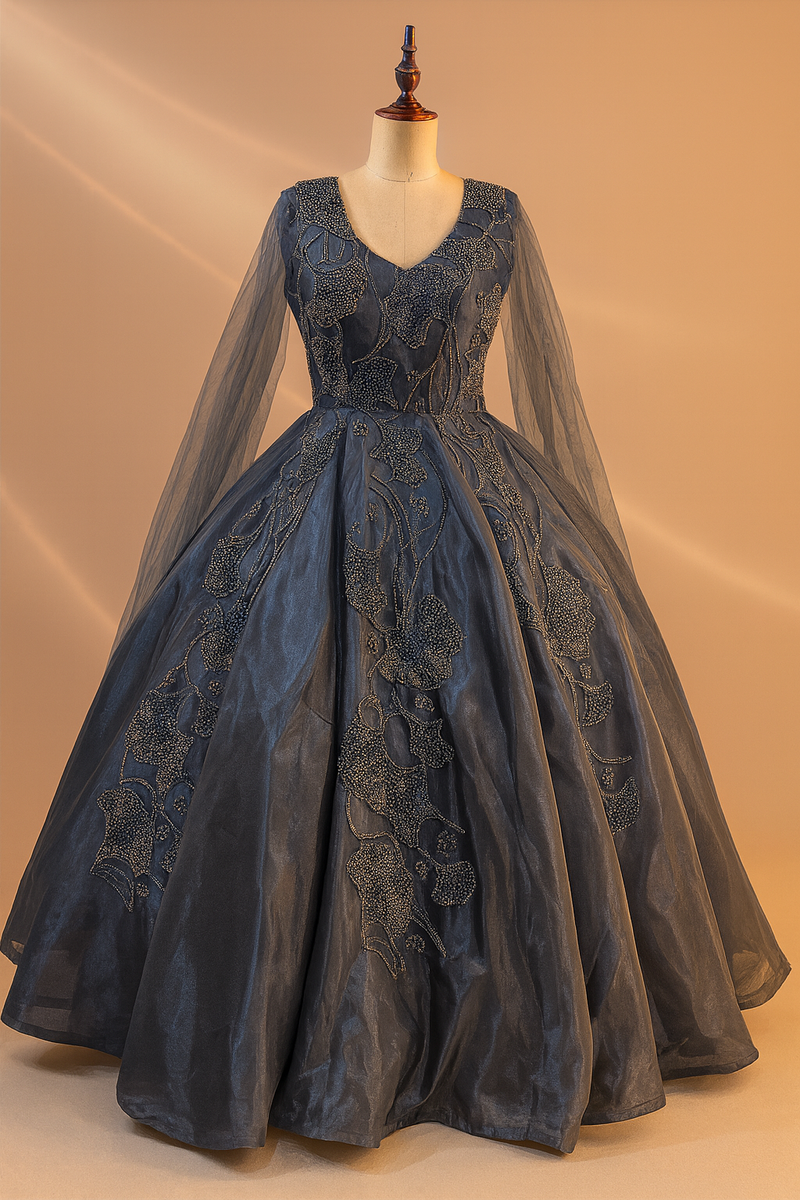 Elegant Charcoal Grey Beaded Gown | Designer Party Wear Dress