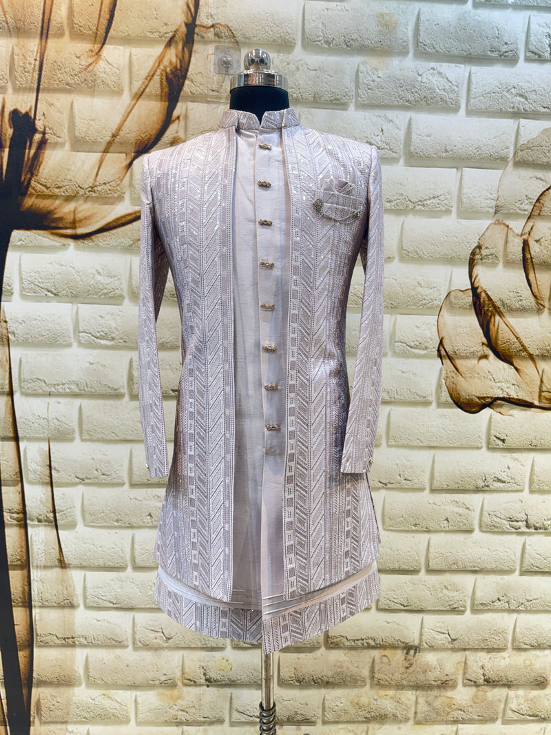 Elegant Powder Grey Sequin Embroidered Men's Sherwani