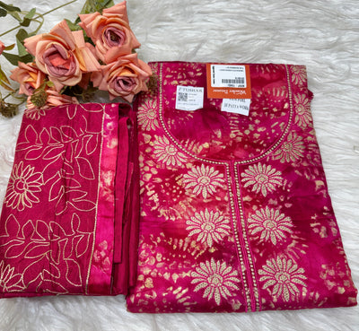 Vibrant Fuchsia Pink Unstitched Suit | Embroidered Neckline & Foil Print Dupatta