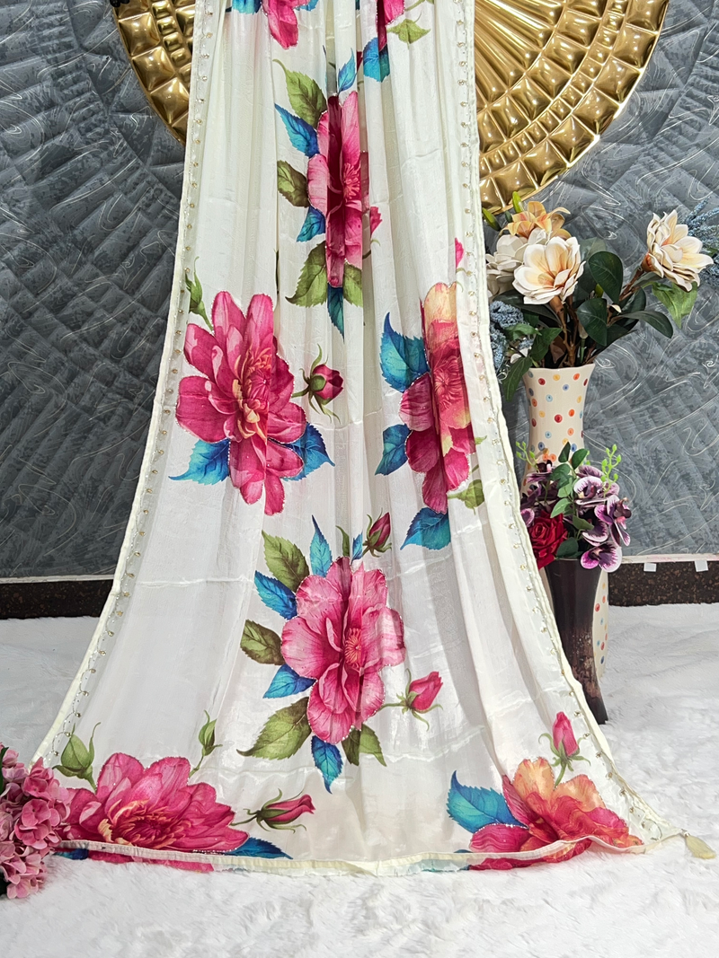 Chic White Floral Print Georgette Saree with Delicate Sequin Work