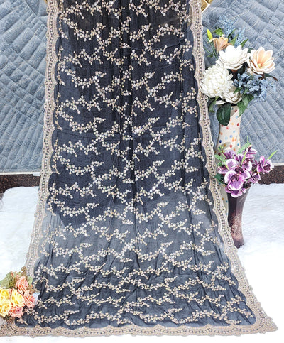 Elegant Black Sequin Embroidered Georgette Saree with Scalloped Border