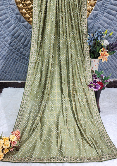 Elegant Olive Green Bandhani Georgette Saree with Zari & Sequin Border