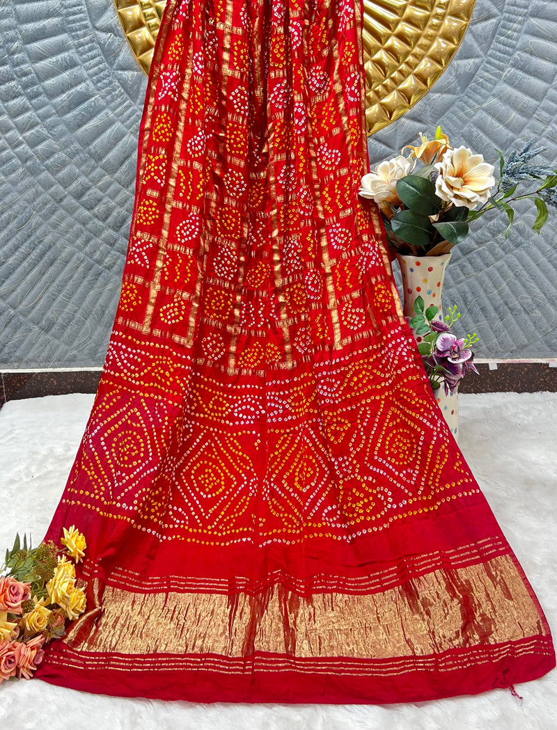 Radiant Red Bandhani Georgette Saree with Gold Zari Border