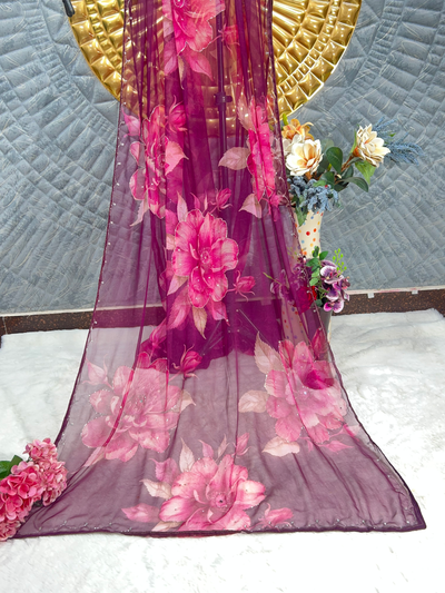 Enchanting Wine Magenta Georgette Saree with Floral Prints & Sequin Work
