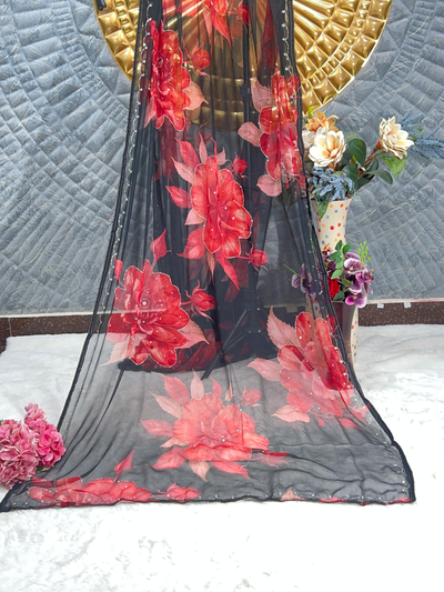 Ravishing Black Georgette Saree with Red Floral Print & Sequin Work