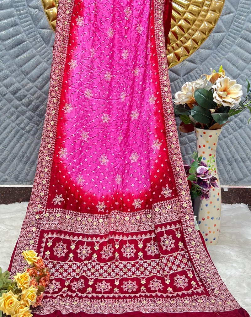 Vibrant Pink Maroon Bandhani Saree with Intricate Embroidery