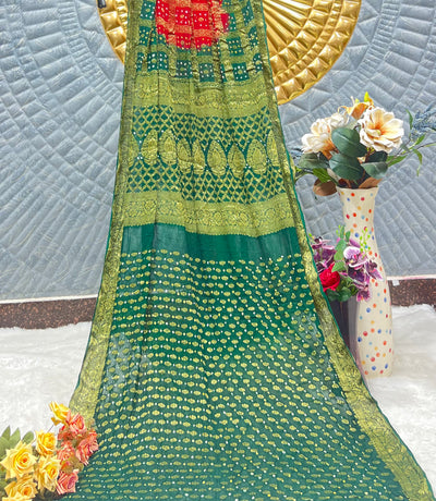 Elegant Emerald Green Bandhej Saree with Gold Print & Red Pallu