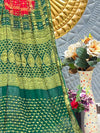 Elegant Emerald Green Bandhej Saree with Gold Print & Red Pallu