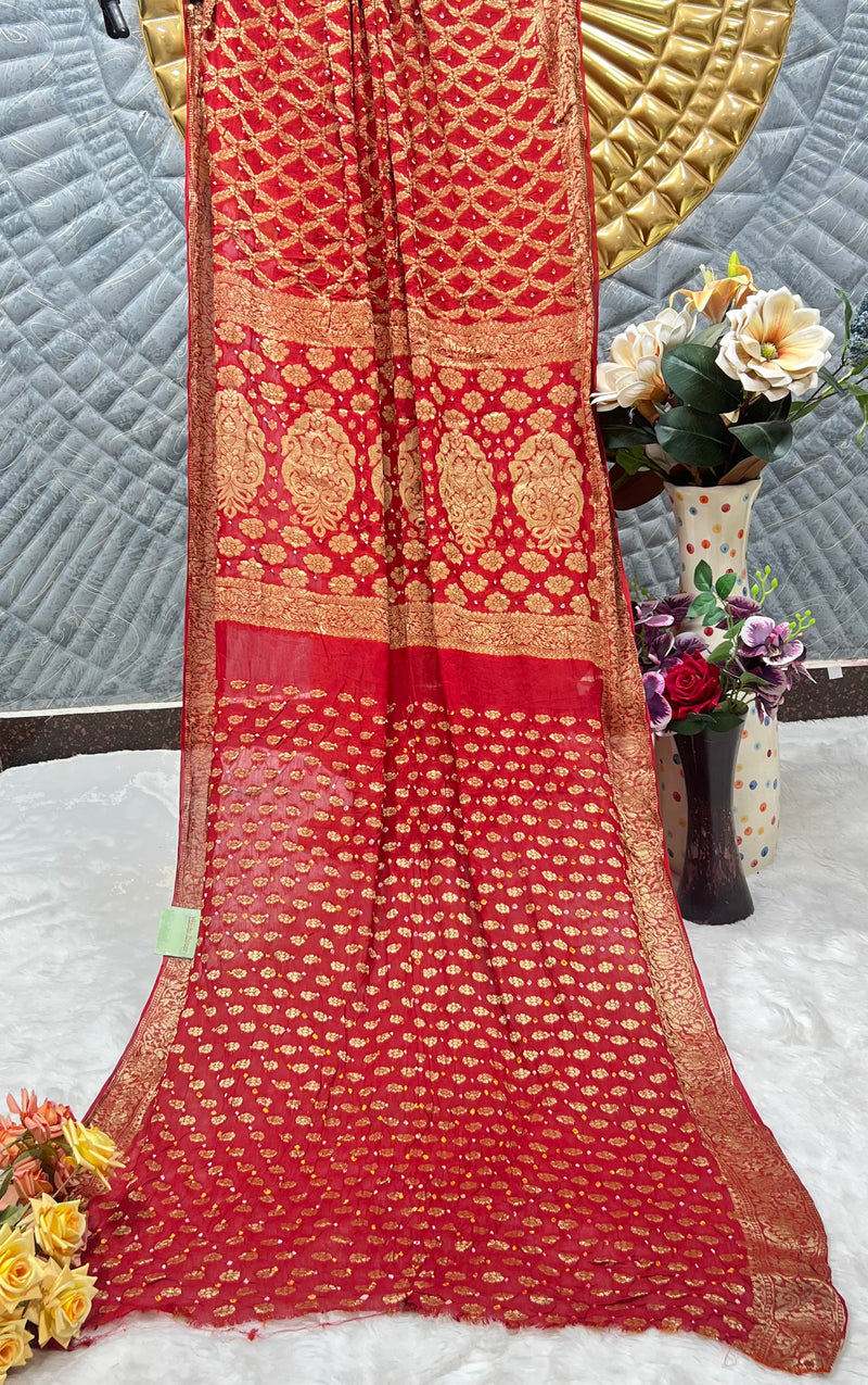 Radiant Red Bandhani Georgette Saree with Golden Zari Weave