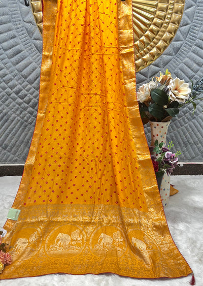 Elegant Mustard Yellow Bandhani Saree with Golden Zari Work