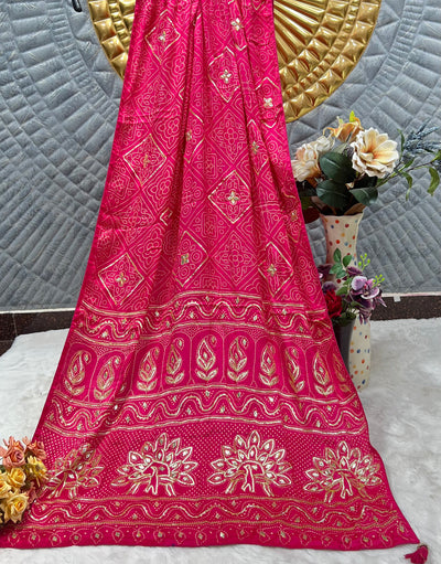 Vibrant Rani Pink Bandhani Saree with Zari Mirror Work