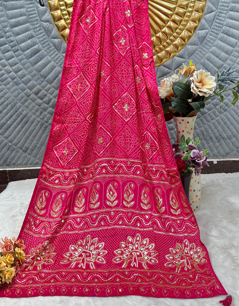 Vibrant Rani Pink Bandhani Saree with Zari Mirror Work