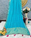 Vibrant Aqua Blue Bandhani Saree with Golden Zari Weave & Magenta Dots
