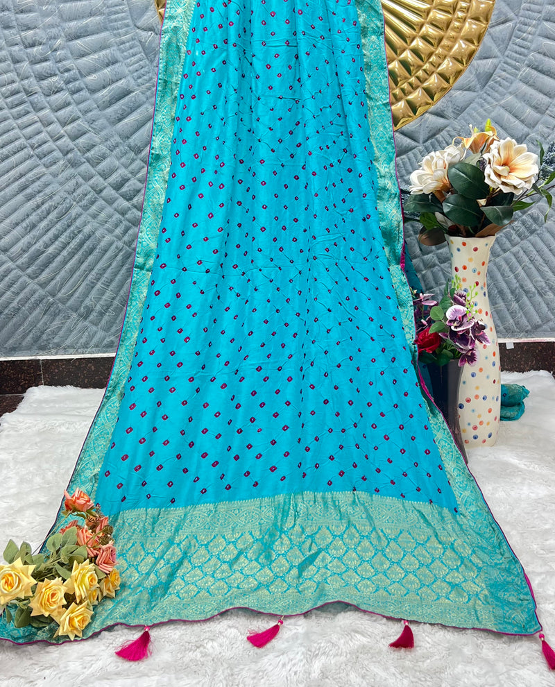 Vibrant Aqua Blue Bandhani Saree with Golden Zari Weave & Magenta Dots