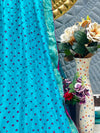 Vibrant Aqua Blue Bandhani Saree with Golden Zari Weave & Magenta Dots
