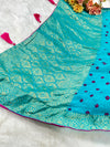 Vibrant Aqua Blue Bandhani Saree with Golden Zari Weave & Magenta Dots