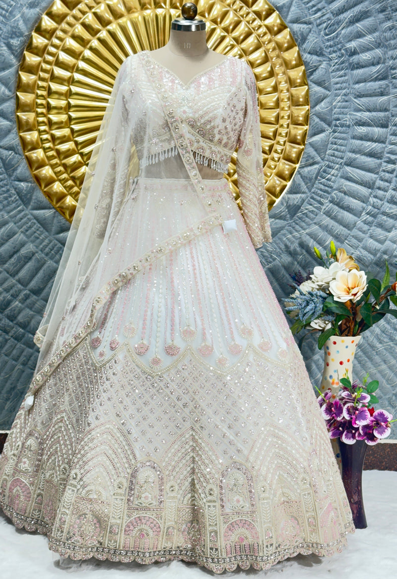 Exquisite Ivory & Pink Sequin Embroidered Designer Lehenga Choli