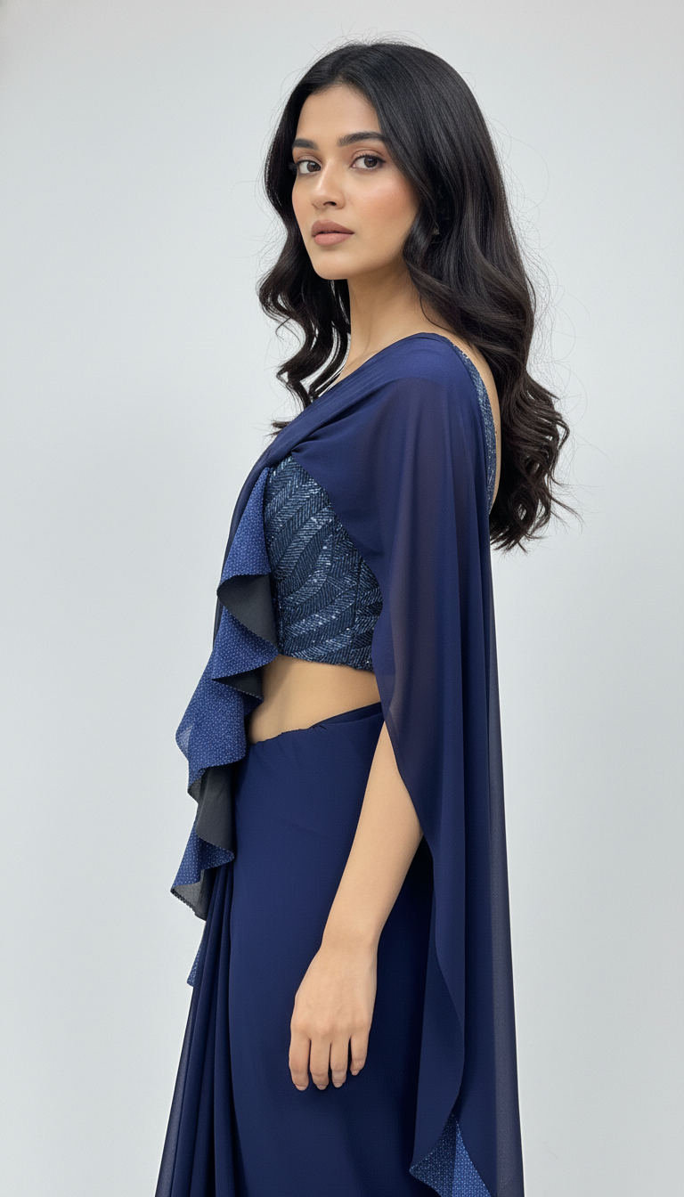 Celeste Navy Shimmer Ruffle Saree Set